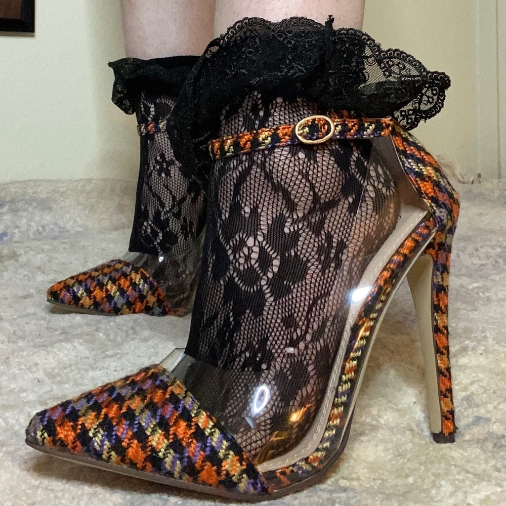 NWOT Houndstooth Woven and Clear Pointed Toe Ankle Strap Heels